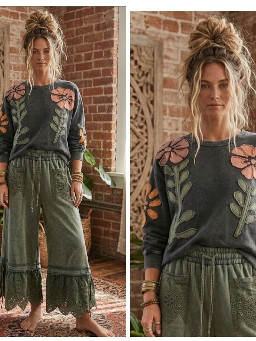 Cozy Charcoal Sweatshirt with Pink & Orange Floral Appliqué Vintage Wash
